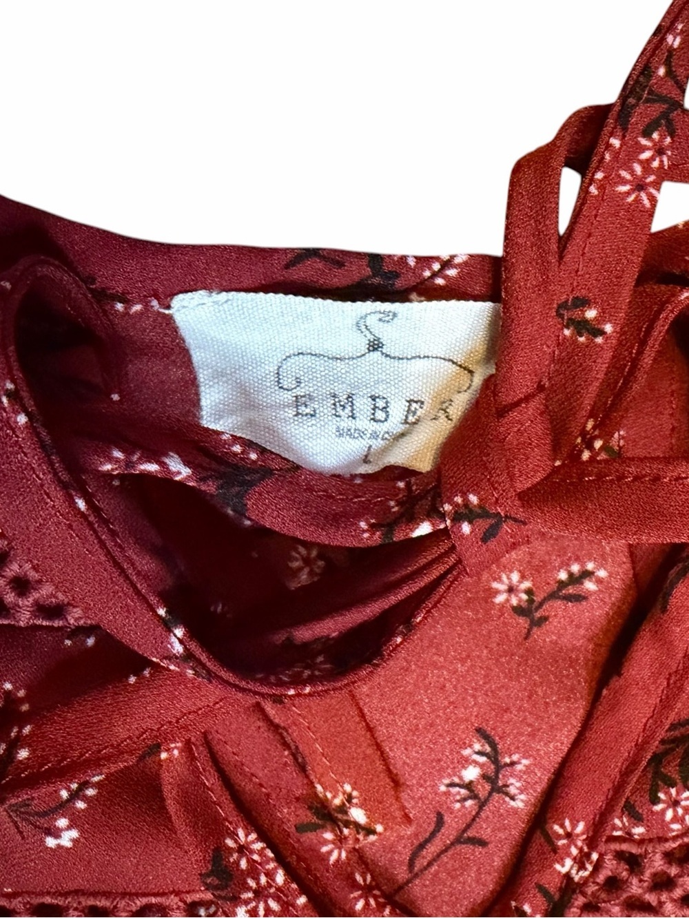 Ember Red Floral Lace-Up Boho Peasant Top Size Large Cottagecore Festival Blouse - Picture 4 of 6